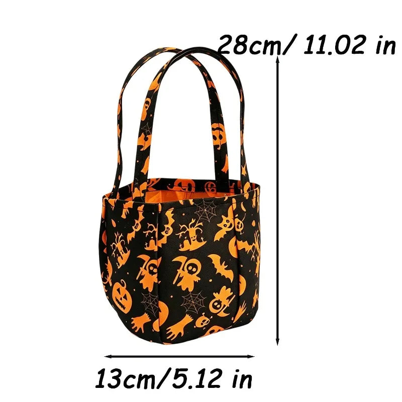 Black non-woven tote bag featuring orange Halloween designs like ghosts, bats, and skulls.