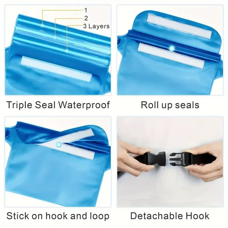 Blue triple seal waterproof mobile phone pouch with roll up seals and a detachable hook and loop