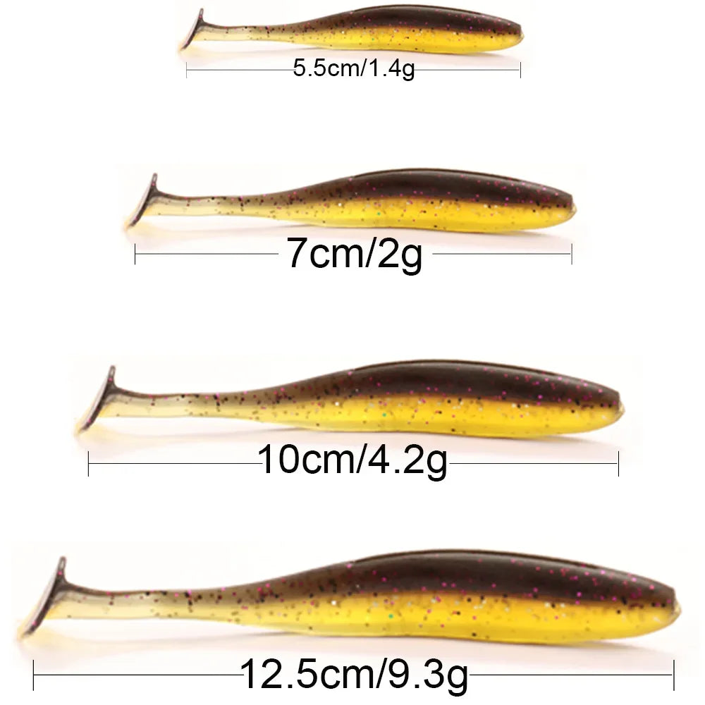 A series of four fish lures showing increasing length and weight, ranging from 5.5cm/1.4g to 12.5cm/9.3g.