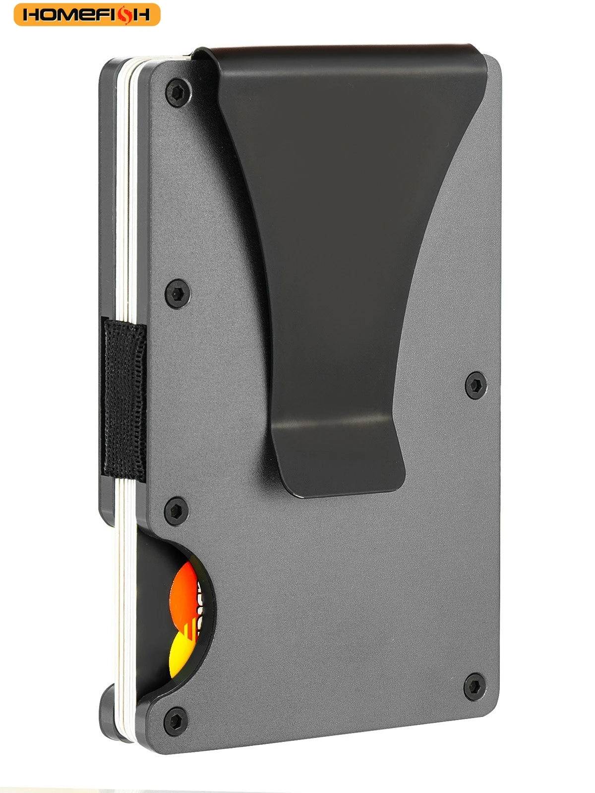 Cartera minimalista de aluminio gris con bloqueo RFID, tira protectora negra e indicador naranja-amarillo.