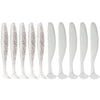 A row of twelve white fishing lures with silver glitter accents.