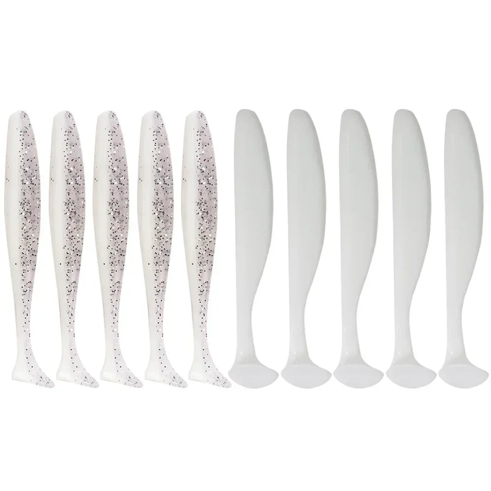 A row of twelve white fishing lures with silver glitter accents.