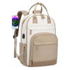 A beige and white fashion laptop backpack with a purple charging cable attached.