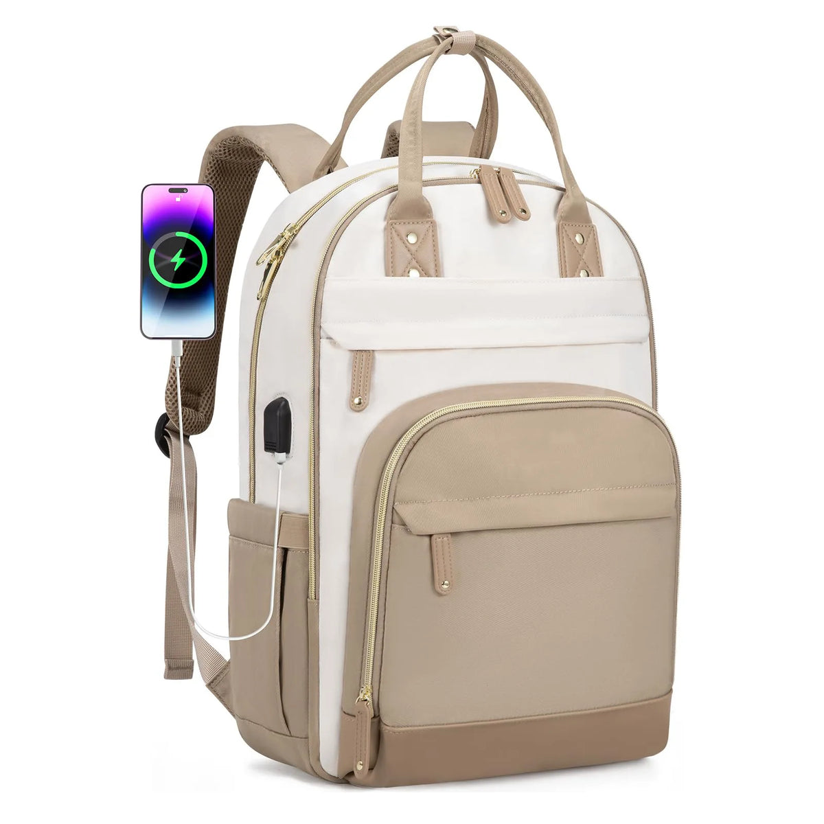 A beige and white fashion laptop backpack with a purple charging cable attached.