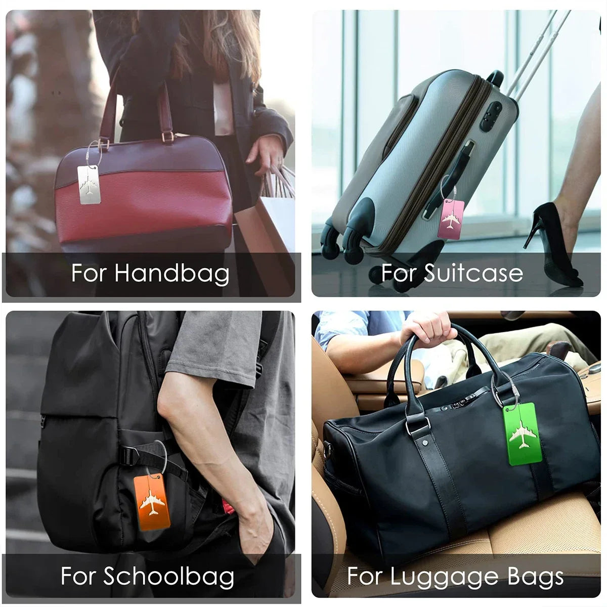 Various luggage tags attached to handbags, suitcases, schoolbags, and luggage bags.