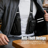 A woman shows an anti-theft leather crossbody bag hidden inside a jacket or coat.