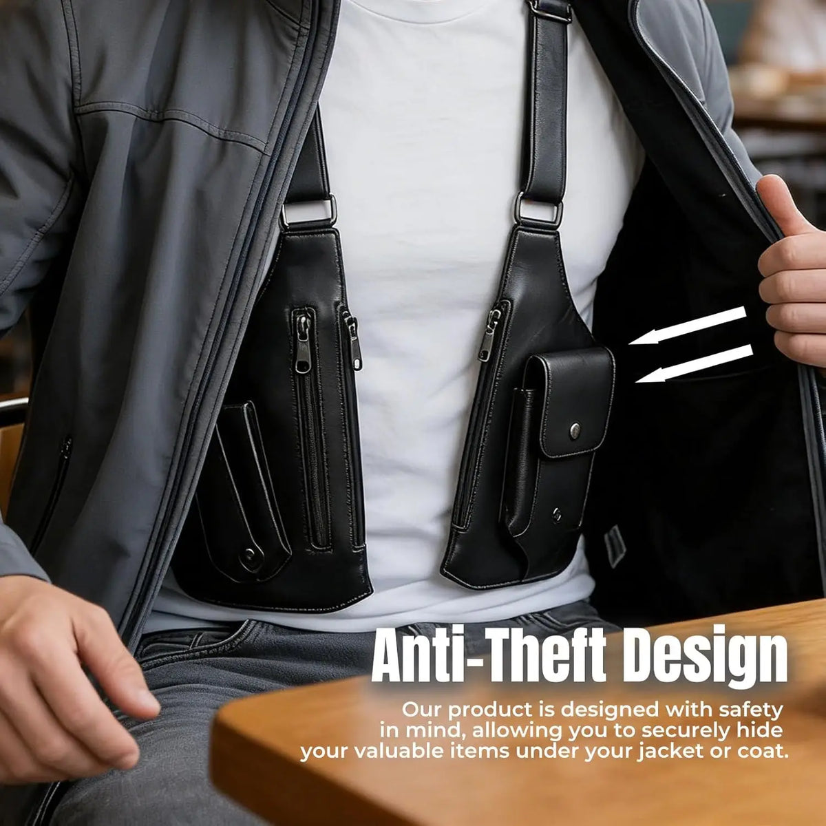 A woman shows an anti-theft leather crossbody bag hidden inside a jacket or coat.