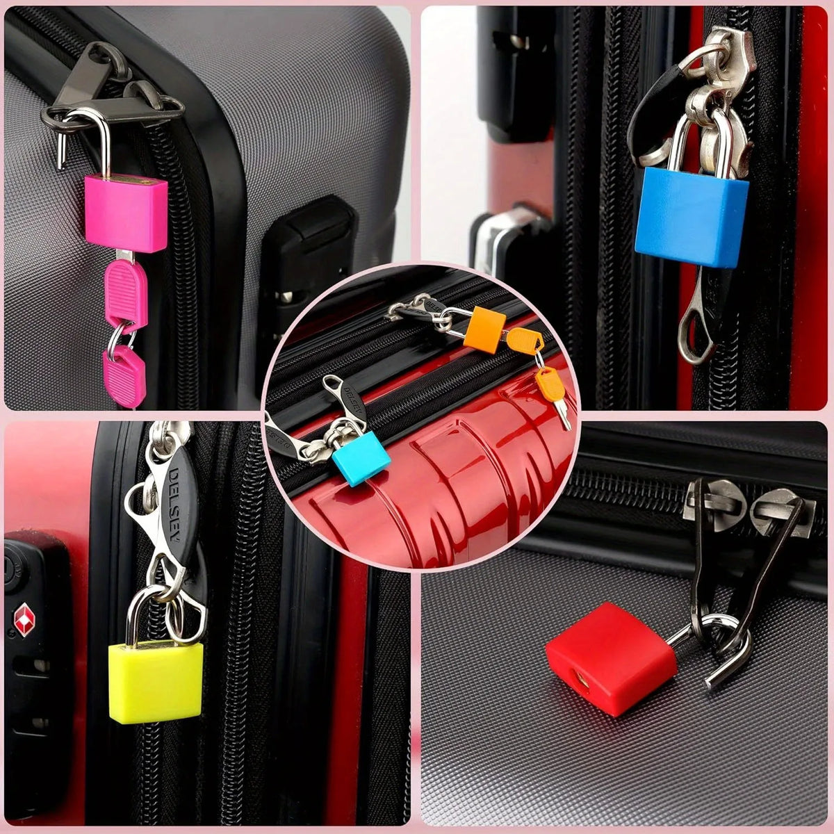 Set von Mehrschlüssel-Reisefesseln in verschiedenen Farben wie pink, blau, gelb und orange, an einem schwarzen und roten Schl