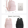 Dimensions and color options for a durable quilted laptop backpack in pink and black.
