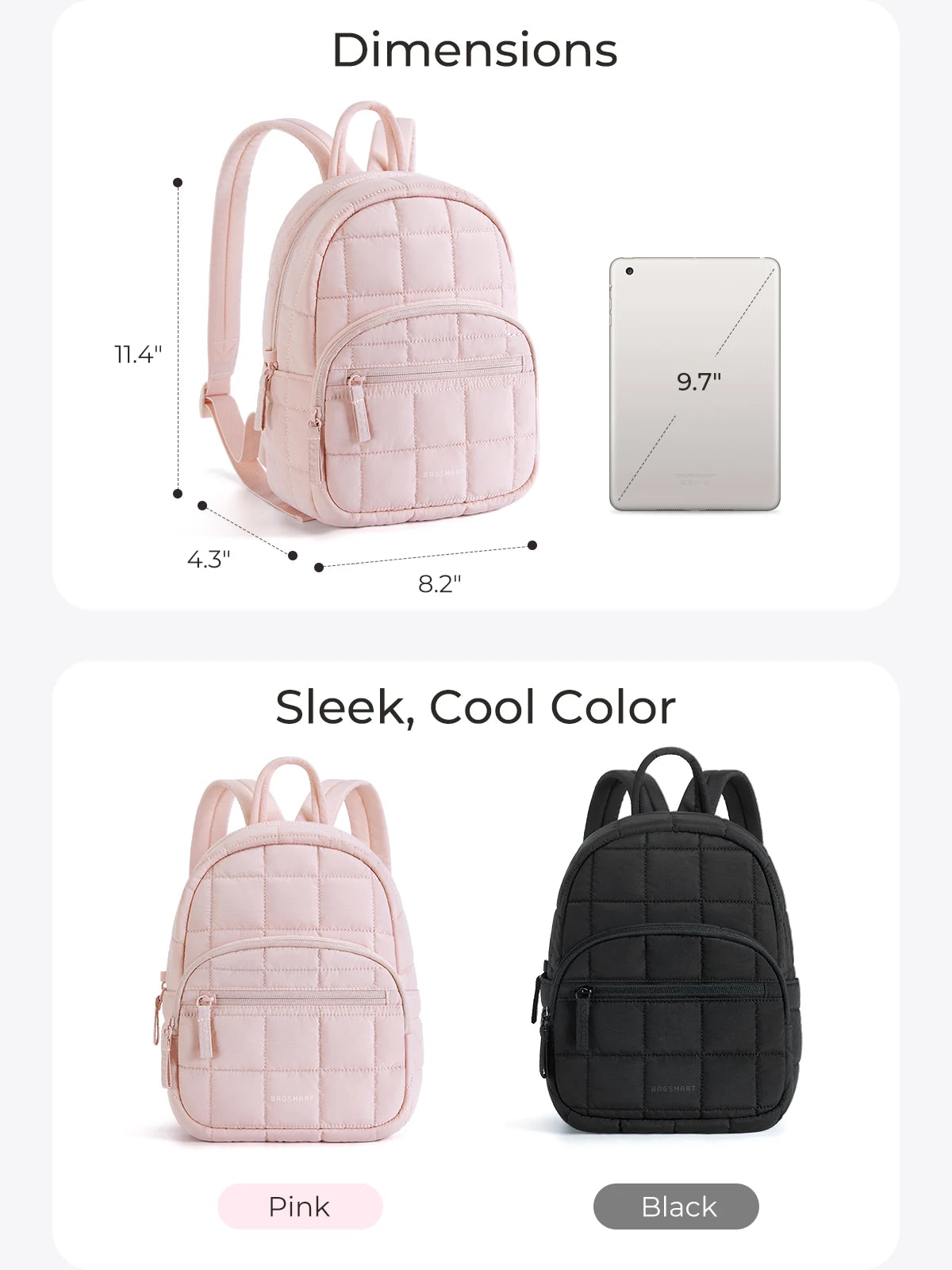 Dimensions and color options for a durable quilted laptop backpack in pink and black.