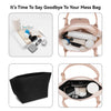 A felt insert bag for a handbag organizer showing various cosmetic and small items inside and outside the bag.
