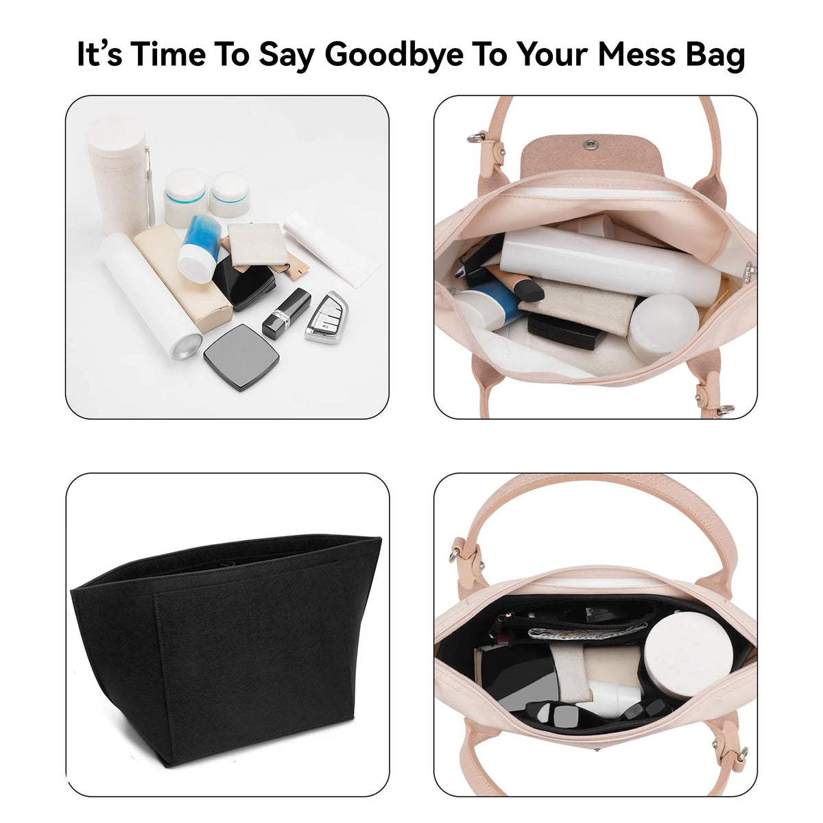 A felt insert bag for a handbag organizer showing various cosmetic and small items inside and outside the bag.