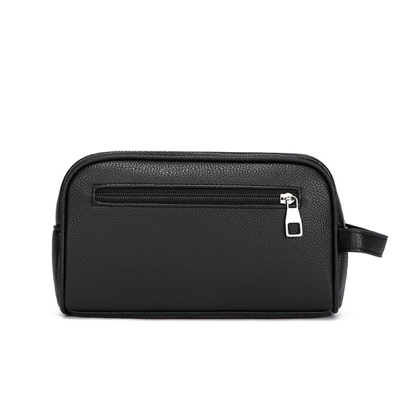 Black elegant PU leather men's clutch bag with a zippered compartment and a silver-toned clip.