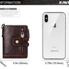 A brown genuine leather bifold wallet with a double zipper is shown next to an iPhone XS for scale.