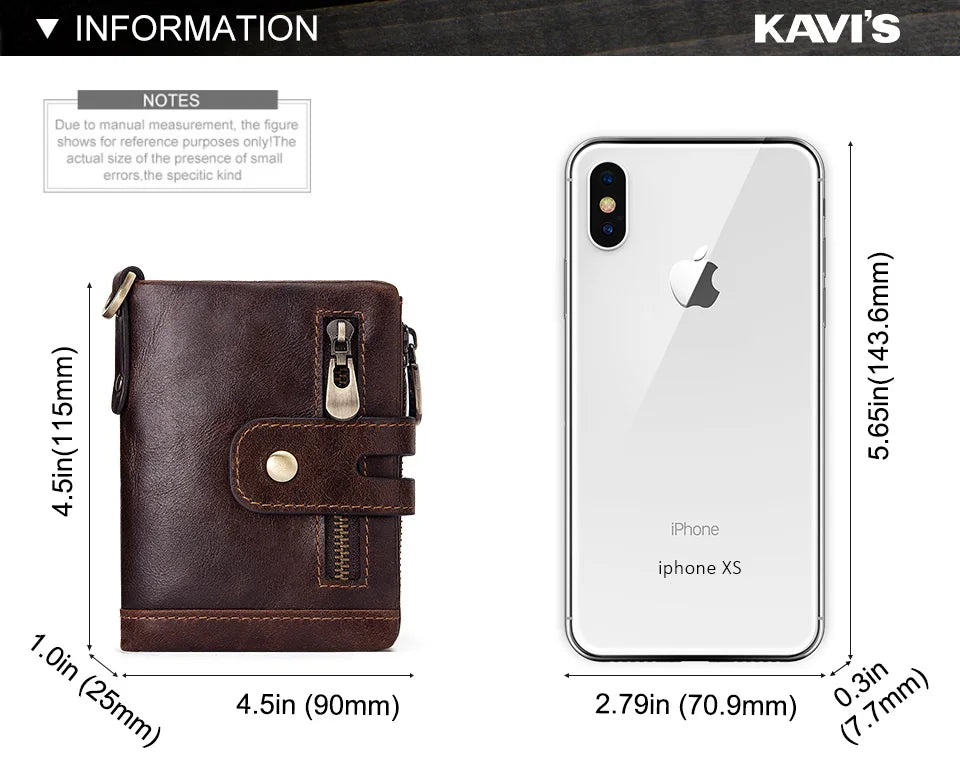 A brown genuine leather bifold wallet with a double zipper is shown next to an iPhone XS for scale.
