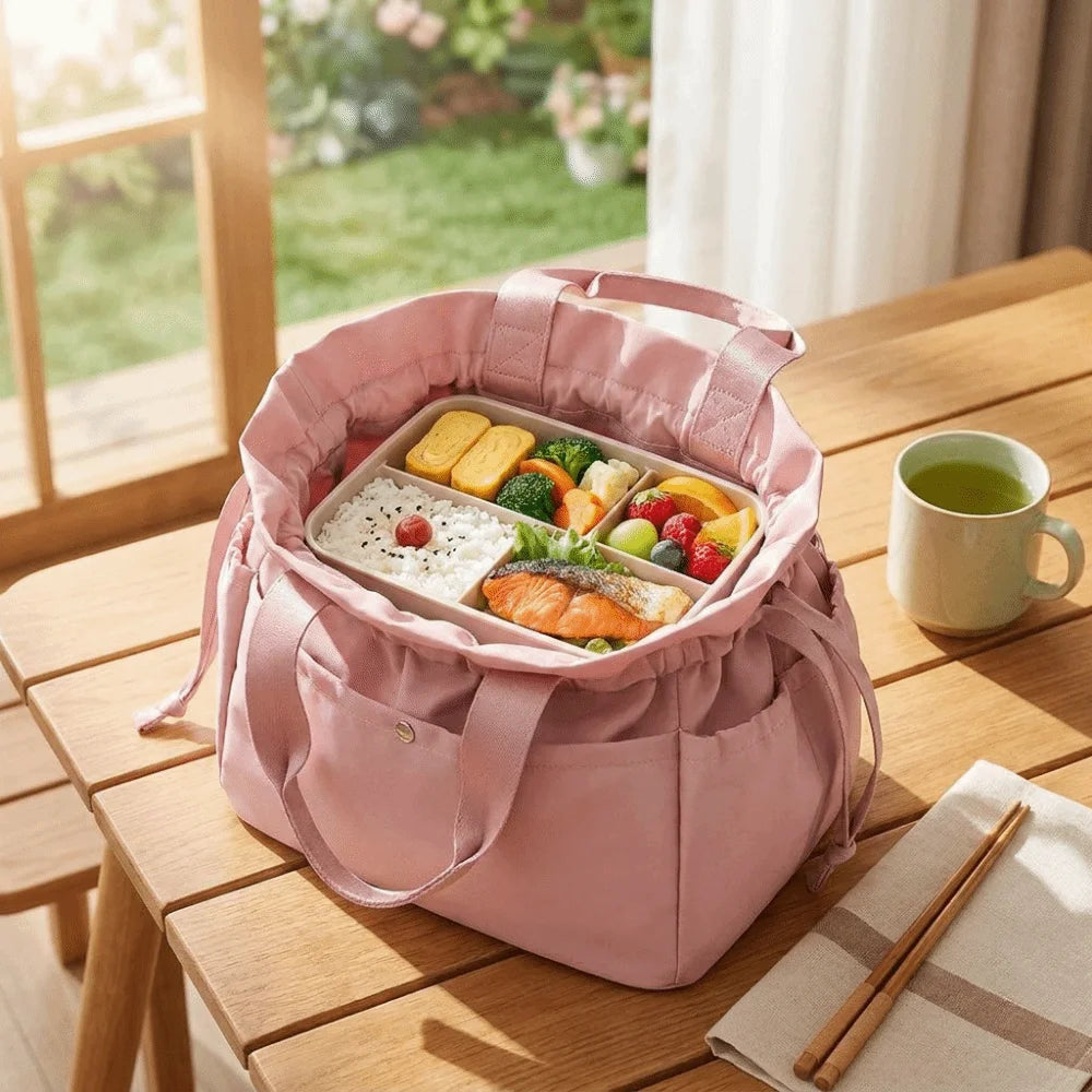 A pink insulated drawstring lunch bag filled with various food items on a wooden table.