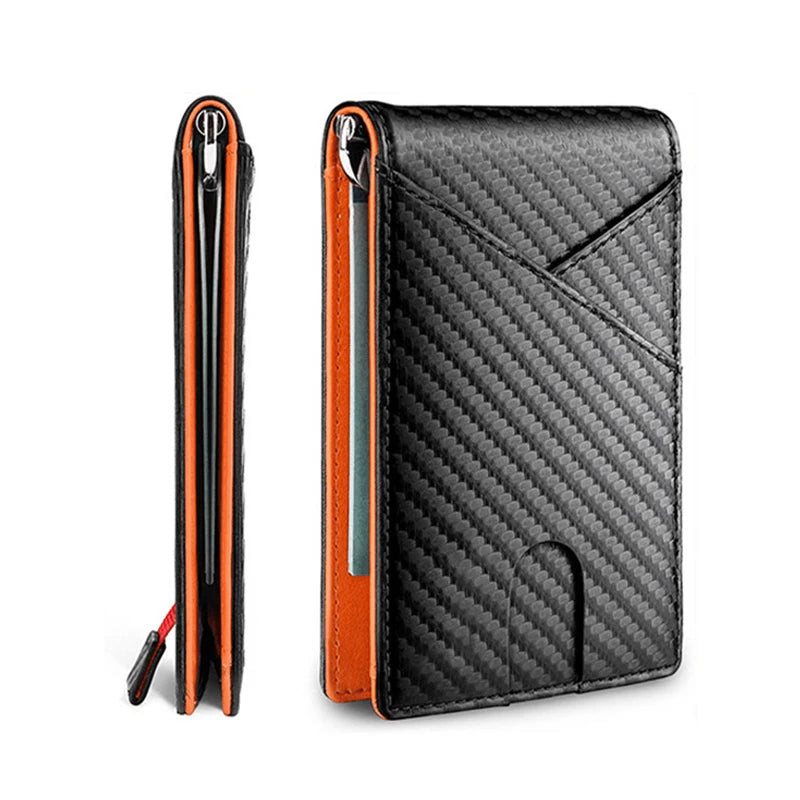 Portefeuille slim pliable noir en fibre de carbone pour homme, vue verticale et fermé.