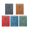 Four passport holders in different colors including gray brown red blue and green leather wallets