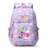 A purple and pink Friends themed school backpack with a zippered compartment