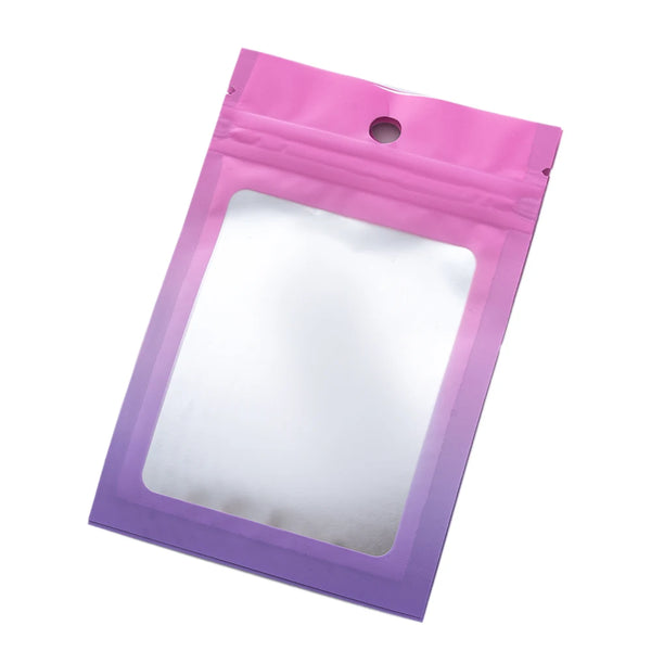 A clear purple resealable gradient storage bag with a hole for sealing.