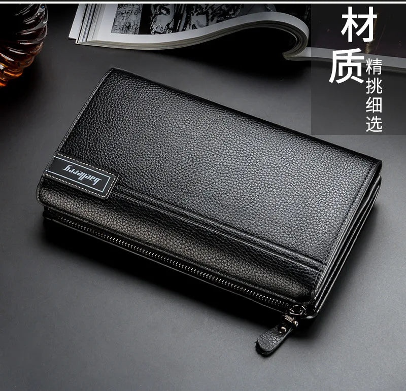 A black leather business handbag clip wallet is shown lying on a dark surface.