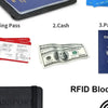 A set of travel documents including a boarding pass, cash, and passport displayed on a black leather wallet.