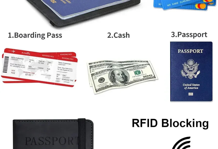 A set of travel documents including a boarding pass, cash, and passport displayed on a black leather wallet.