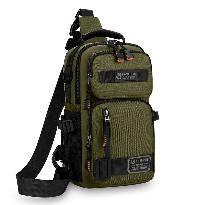 Olive green multifunctional chest bag with black straps and buckles for sports and hiking