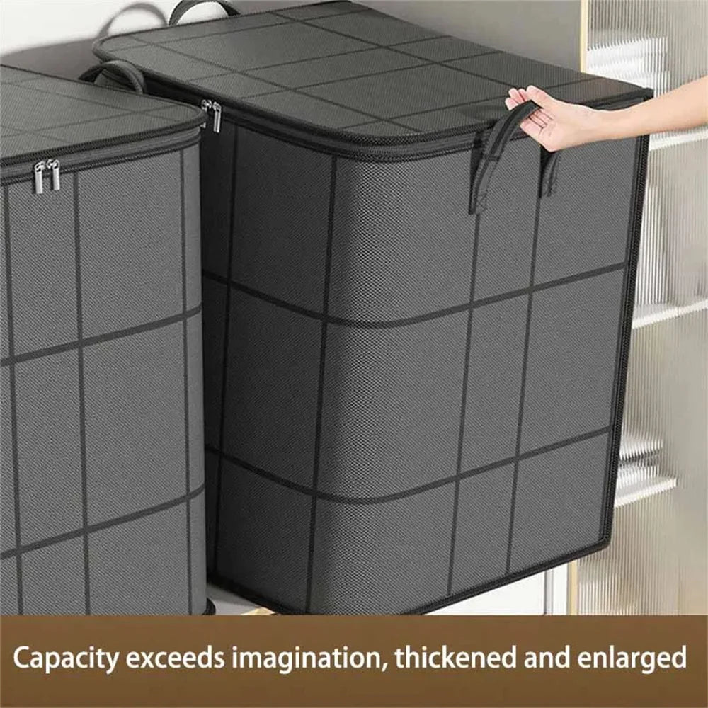 A close-up of a gray, thickened and enlarged large foldable non-woven storage bag being held by a hand.