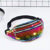 A holographic sequin waist bag with a black adjustable strap, displayed on a white surface.