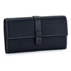 Black genuine cow leather bi-fold wallet with stitched edges and a leather strap.