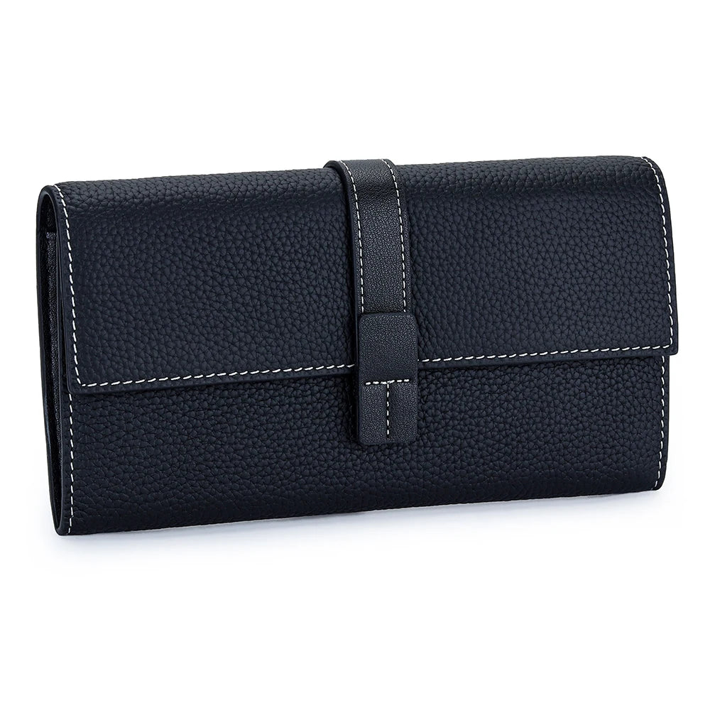 Black genuine cow leather bi-fold wallet with stitched edges and a leather strap.