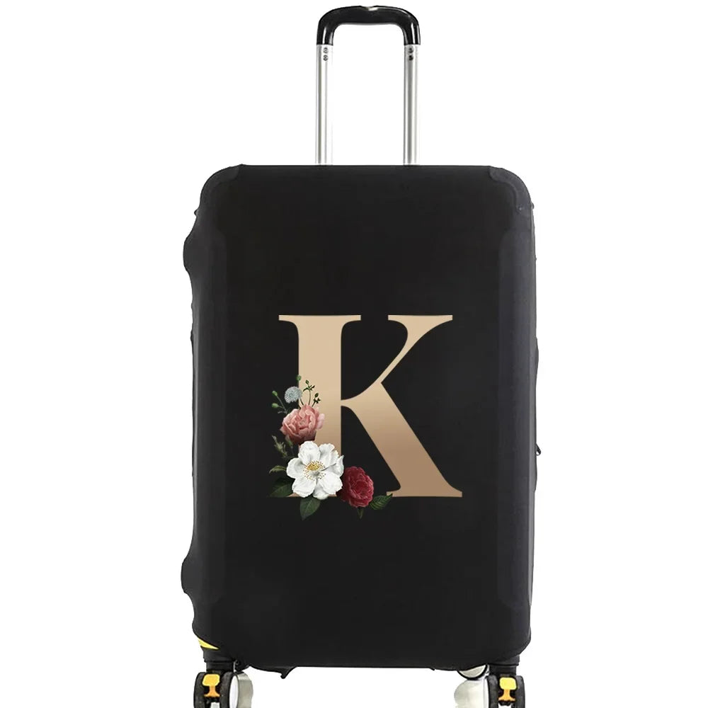 Black premium elastic luggage protective cover with a gold initial K design