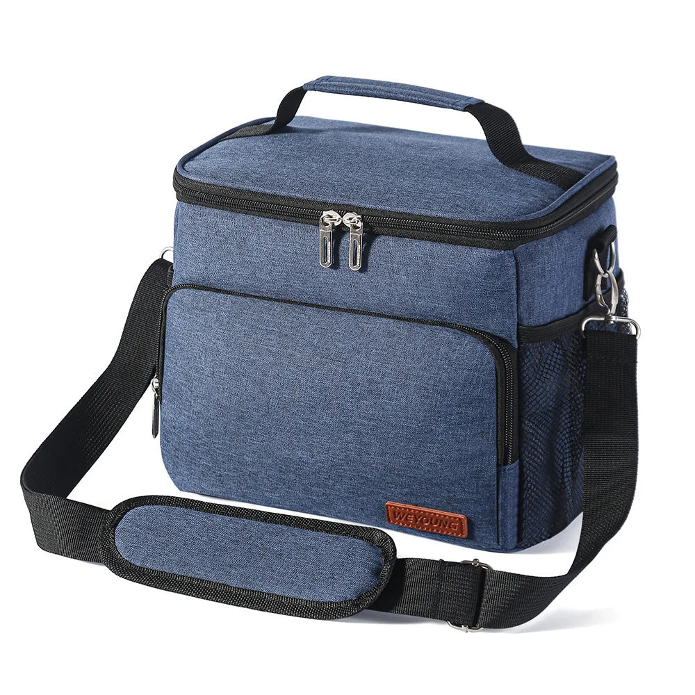 A dark blue insulated thermal lunch bag with black straps and silver zippers.