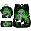 Sac à dos noir avec un motif de gorille en dessin vert et des effets d'éclair, texte Gorilla Tag