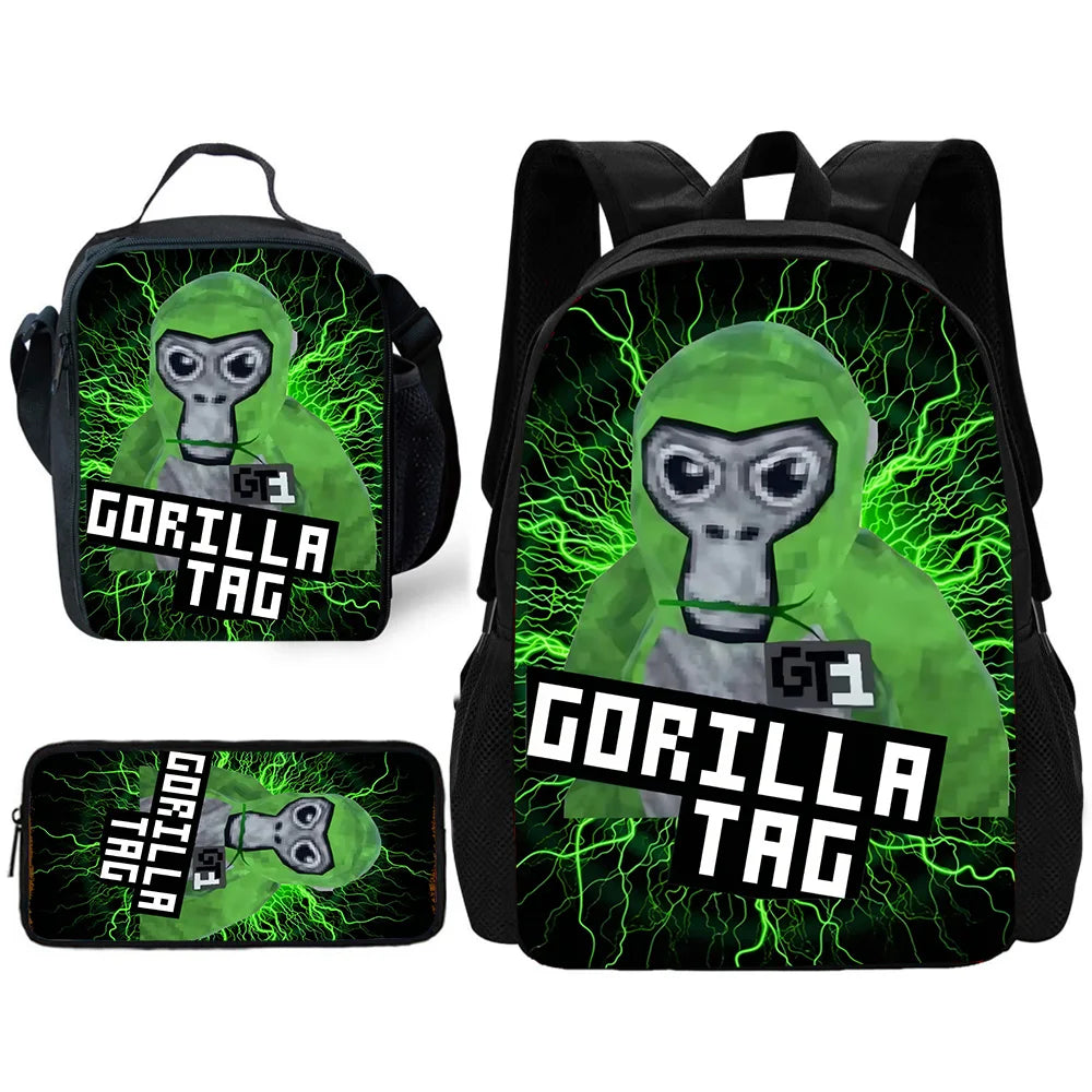 Sac à dos noir avec un motif de gorille en dessin vert et des effets d'éclair, texte Gorilla Tag