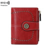 A red leather RFID protection multi-card wallet with stitching and a magnetic closure.