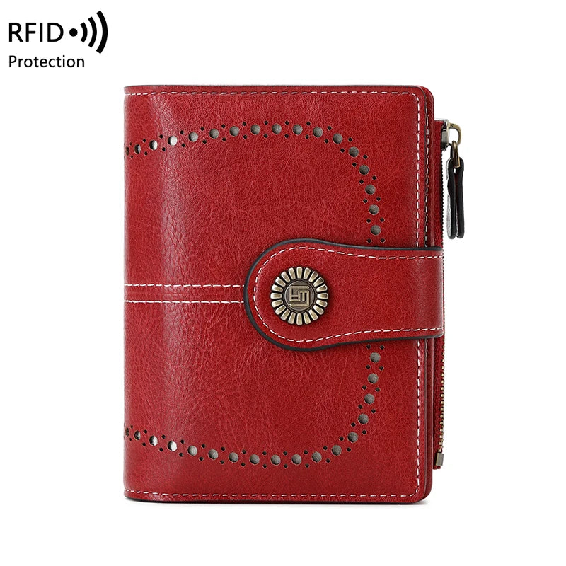 A red leather RFID protection multi-card wallet with stitching and a magnetic closure.