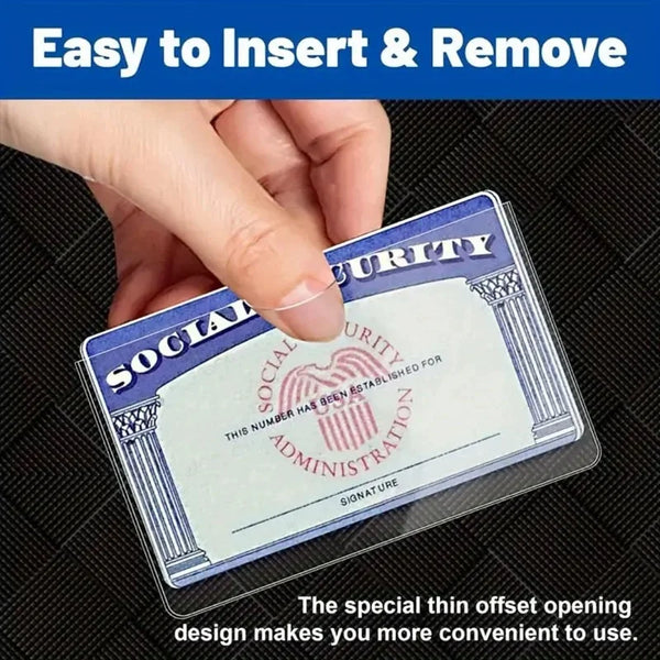 A hand inserts a clear PVC card into an ID security sleeve for easy insertion and removal.