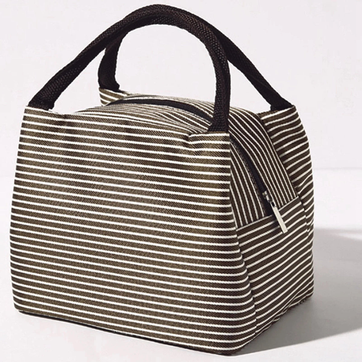 A striped insulated lunch tote bag with a black strap is shown against a white background.