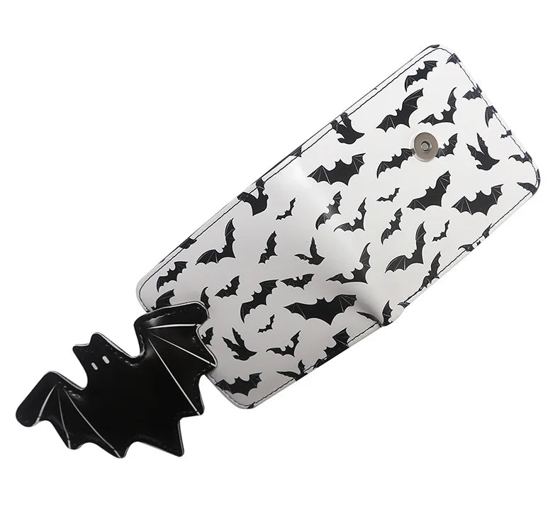 A black bat print PU leather bi-fold wallet with a zipper pocket.