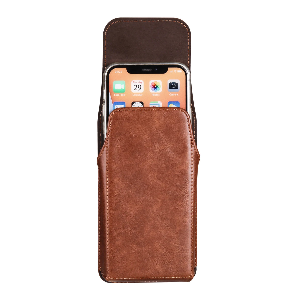 Braunes Ledergurtclip Handyhülle und Tauschtasche mit Smartphone darin.