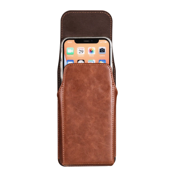 A brown leather belt clip phone case and waist bag with a smartphone visible inside.