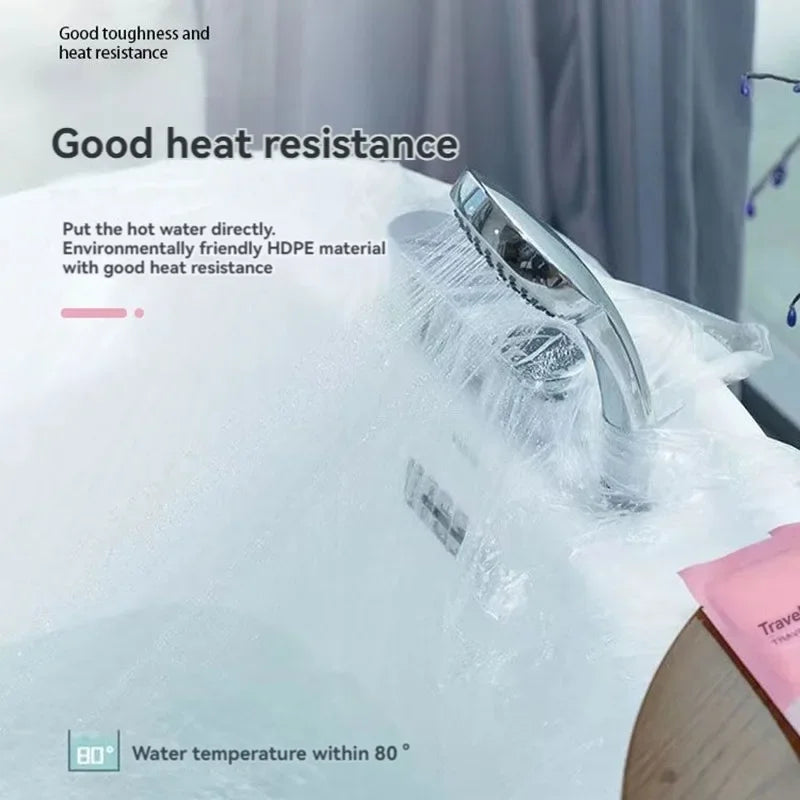 A disposable bathtub liner set made of heat-resistant HDPE material is shown on a white surface.