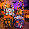 A set of Halloween non-woven tote bags featuring orange, black, and purple fabric with ghost, bat, and skull designs.