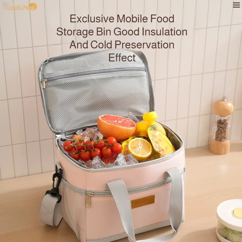Pink insulated food storage bin with a lid showing food preservation and insulation effect