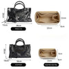 A black leather bag with a handle and a beige felt organizer insert shown with various dimensions.