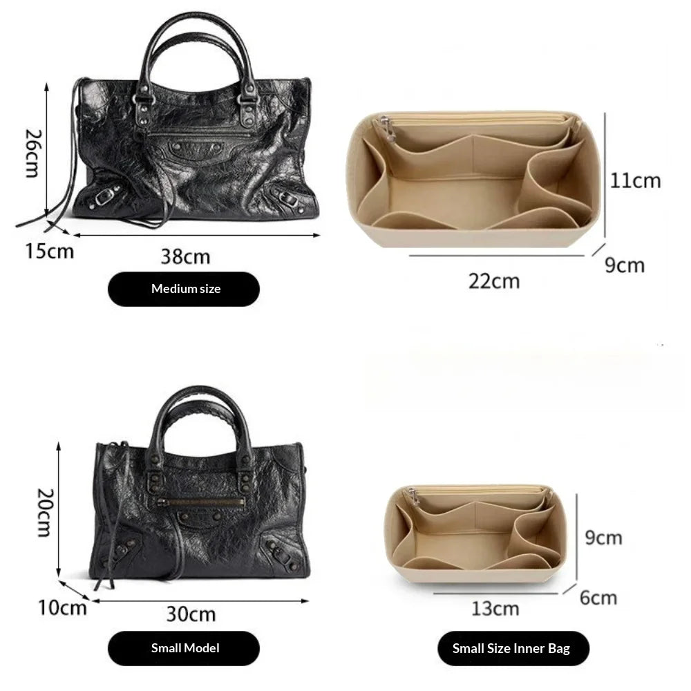 A black leather bag with a handle and a beige felt organizer insert shown with various dimensions.