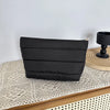 A black quilted cosmetic travel bag resting on a woven mat.