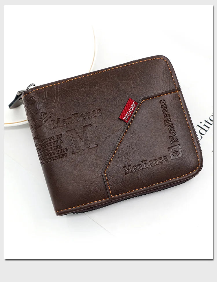 A dark brown MenBense vintage PU leather wallet with a coin pocket and card holder.